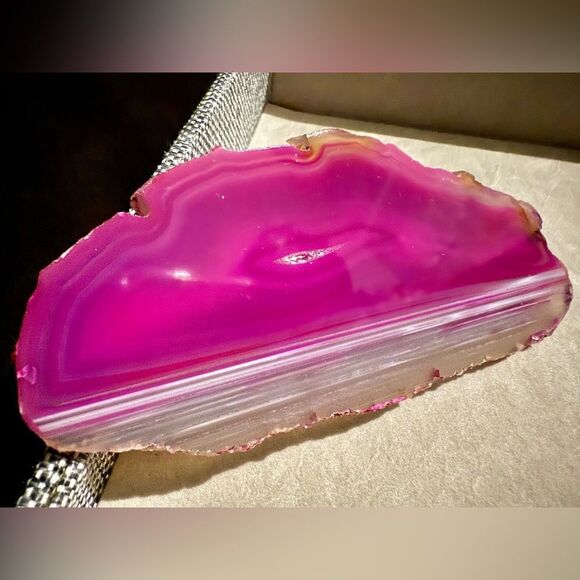 Pink Banded Agate Slice – Polished Crystal Display Stone 5.5” Vibrant Color - Picture 5 of 17